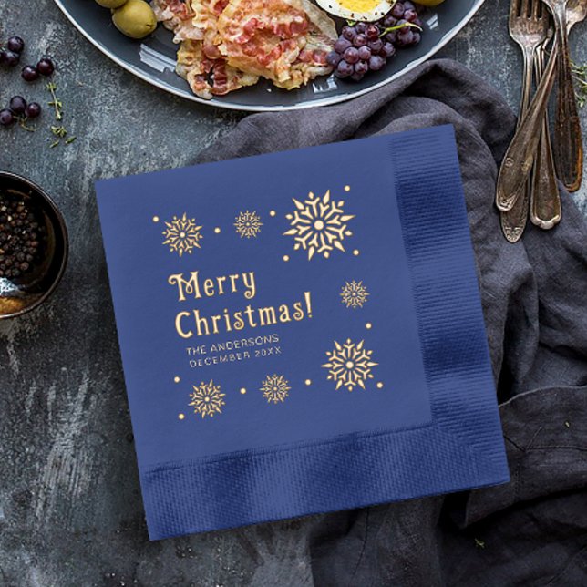Stylish Glam Retro Blue Merry Christmas Snowflake  Foil Napkins (Creator Uploaded)