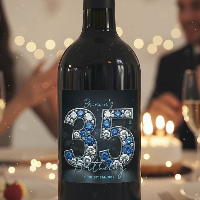 Stylish Glam Sapphire Diamond 35th Birthday Wine Label (Creator Uploaded)