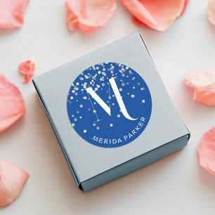 Stylish Glam Silver Glitter Blue  Name Monogram  Classic Round Sticker