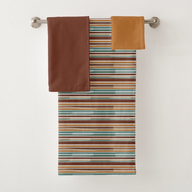 Stylish Glitchy Stripe Pattern Terra Cotta Orange Bath Towel Set (Insitu)