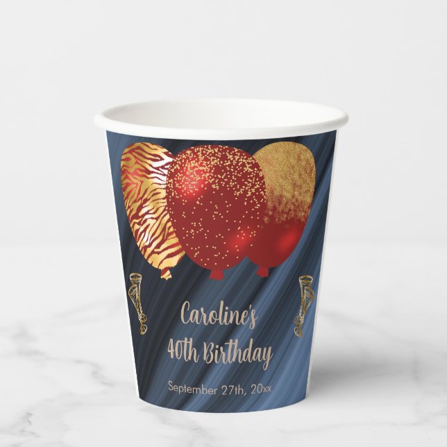 Stylish Glitter & Gold Red Balloons 40th Birthday Paper Cups (Front)