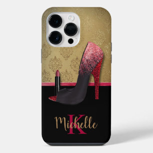 Stylish Glitter Heel, Lipstick, & Monogram iPhone 14 Pro Max Case