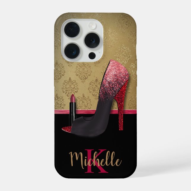 Stylish Glitter Heel, Lipstick, & Monogram iPhone Case (Back)