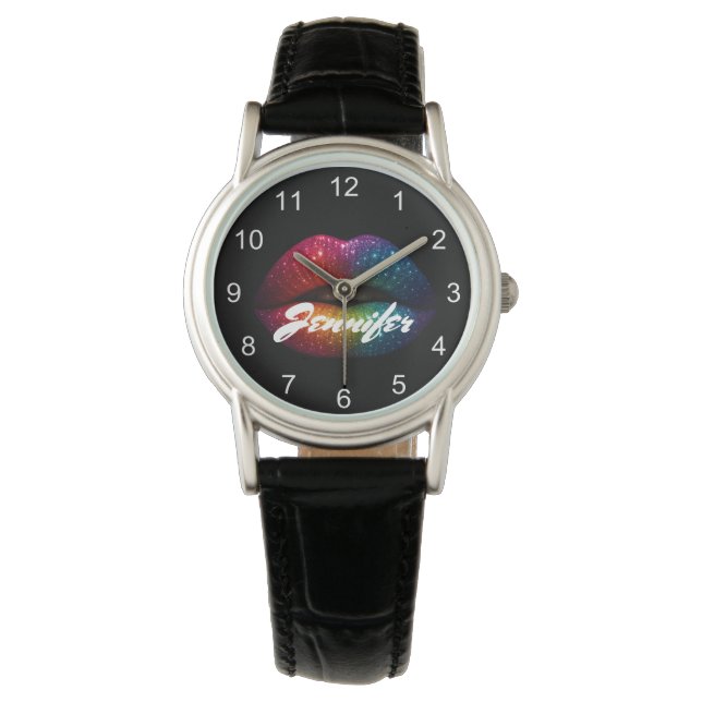 stylish glitter lips personalized stylish black watch (Front)