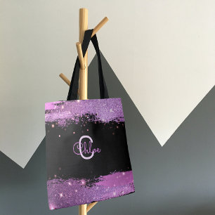 Stylish Glittery Magenta And Black Name & Inital  Tote Bag