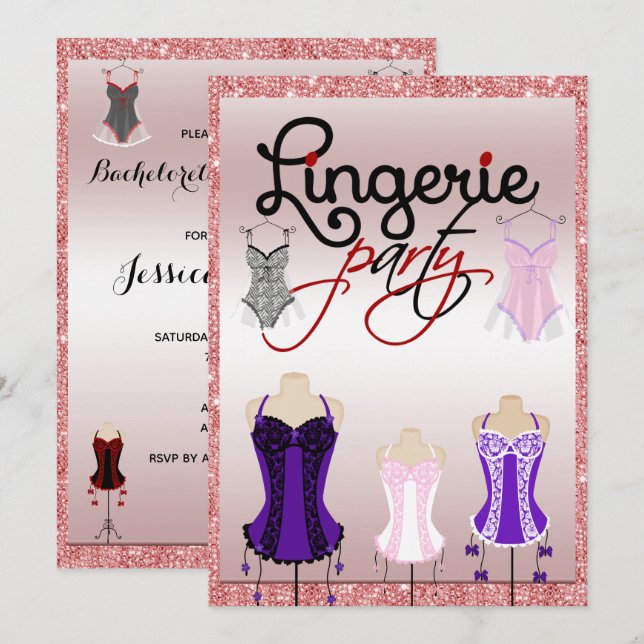 Stylish Glitzy Bachelorette Lingerie Party Invitation (Front/Back)