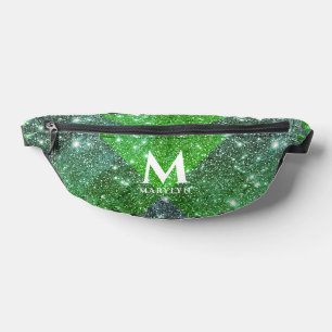 Stylish Glitzy Green Glitter White Name Monogram Fanny Pack