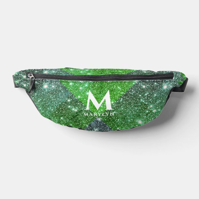 Stylish Glitzy Green Glitter White Name Monogram Fanny Pack (Lay Down)
