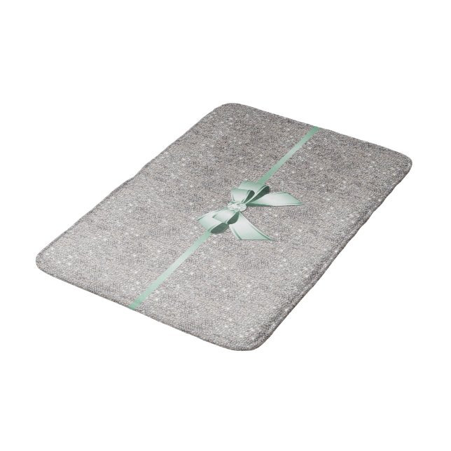 Stylish Glitzy Sequins, Mint Bow & Ribbon Bath Mat (Angled)