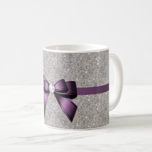 Stylish Glitzy Sequins, Purple Bow & Ribbon Coffee Mug (Front Right)