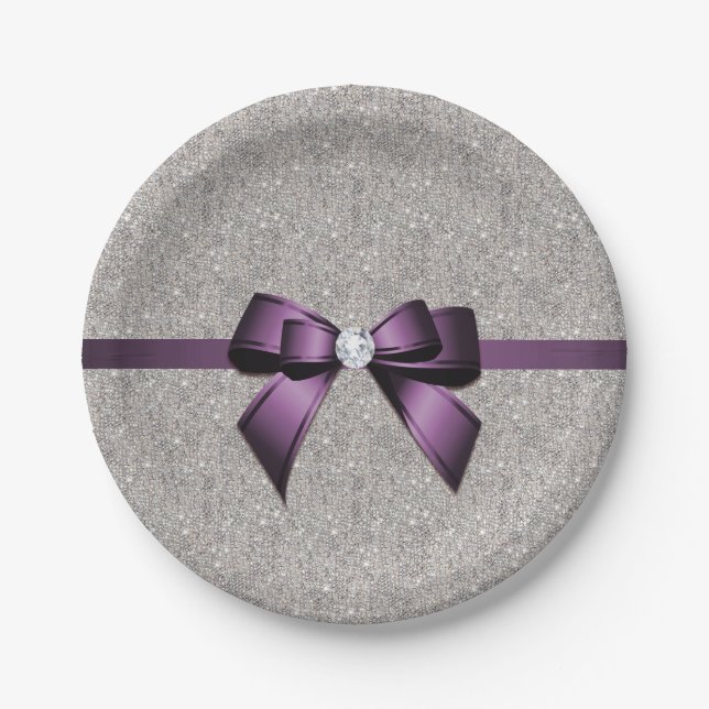 Stylish Glitzy Sequins, Purple Bow & Ribbon Paper Plate (Front)