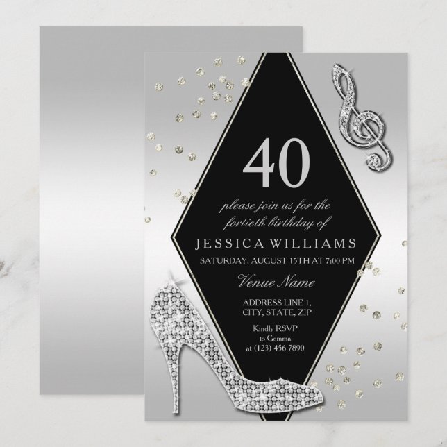 Stylish Glitzy Silver 40th Birthday Invitation (Front/Back)