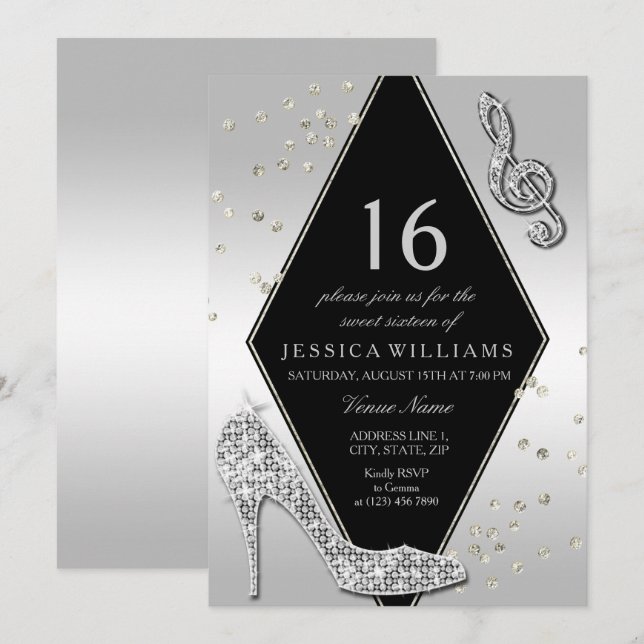 Stylish Glitzy Silver Sweet 16 Invitation (Front/Back)