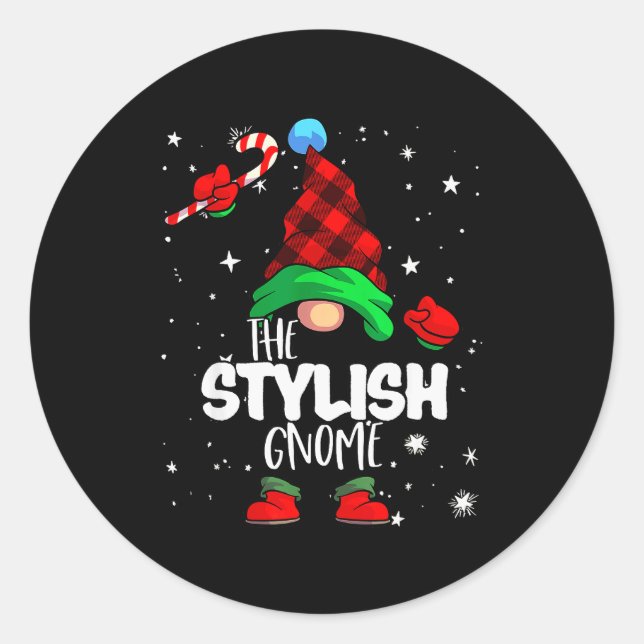 Stylish Gnome Red Buffalo Plaid Matching Family Ch Classic Round Sticker (Front)