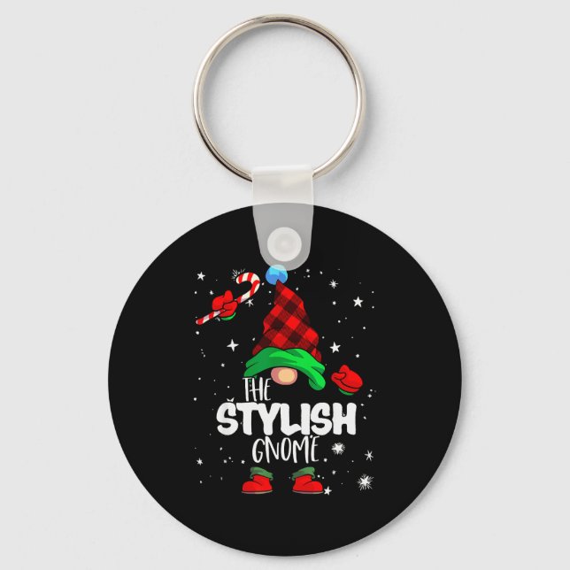 Stylish Gnome Red Buffalo Plaid Matching Family Ch Keychain (Front)