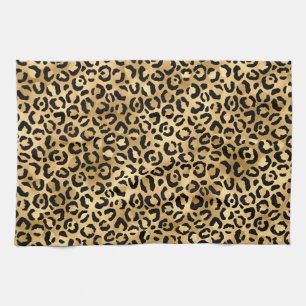 Stylish Gold and Black Foil Leopard Spots Pattern Kitchen Towel