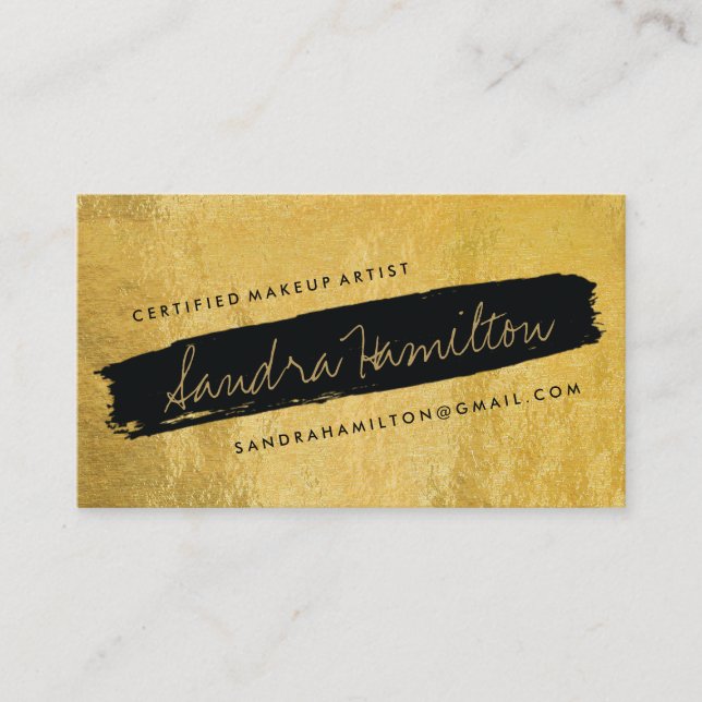 Stylish Gold and Black Slanted Brush Stroke Business Card (Front)