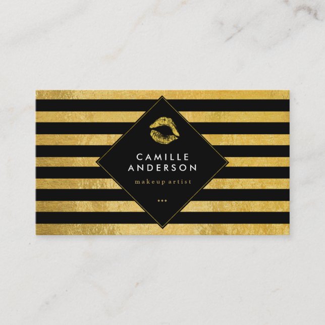 Stylish Gold and Black Stripes with Gold Lips Business Card (Front)