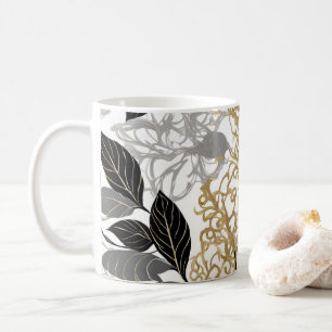 Stylish Gold, Black and Grey Leaf Vine Design Coffee Mug