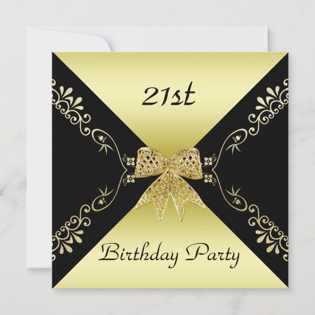 Stylish Gold & Black Decorative Bow 21st Birthday Invitation (Front)