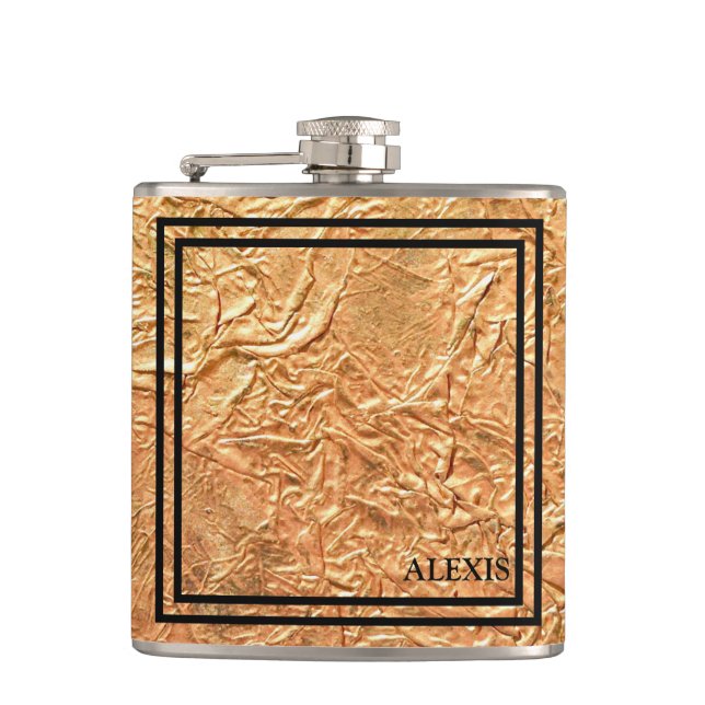 Stylish Gold Black Personalized Hip Flask (Front)