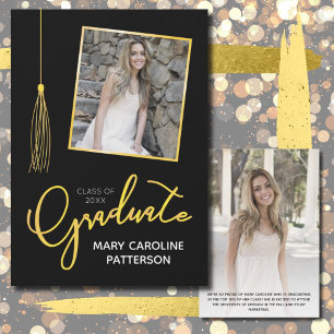 Stylish Gold Black Photo Graduation Announcement