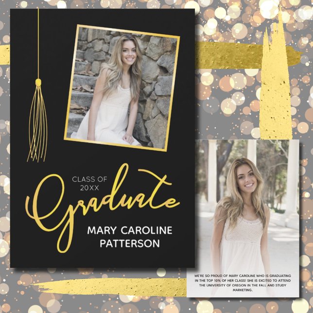 Stylish Gold Black Photo Graduation Announcement (Creator Uploaded)