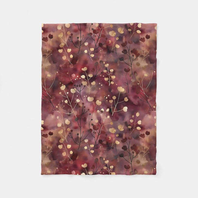 Stylish gold burgundy abstract floral pattern fleece blanket (Front)
