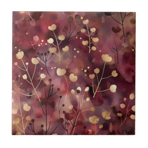 Stylish gold burgundy abstract floral pattern tile