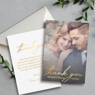 stylish gold calligraphy wedding photo thank you   card