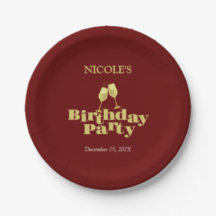Stylish Gold Champagne Burgundy Birthday Party Paper Plate