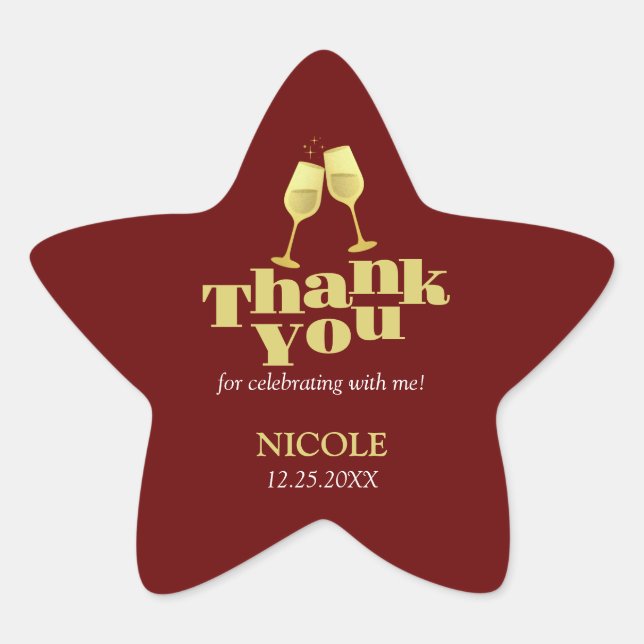 Stylish Gold Champagne Burgundy Birthday Thank You Star Sticker (Front)