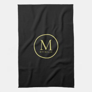 Stylish Gold Colour Monogram Name Template Black Kitchen Towel