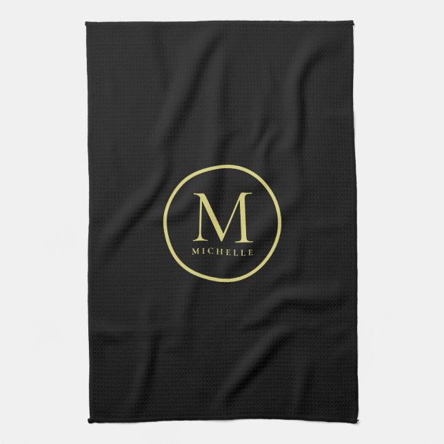 Stylish Gold Colour Monogram Name Template Black Kitchen Towel (Vertical)