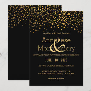 Stylish Gold Confetti and Black Wedding Invitation