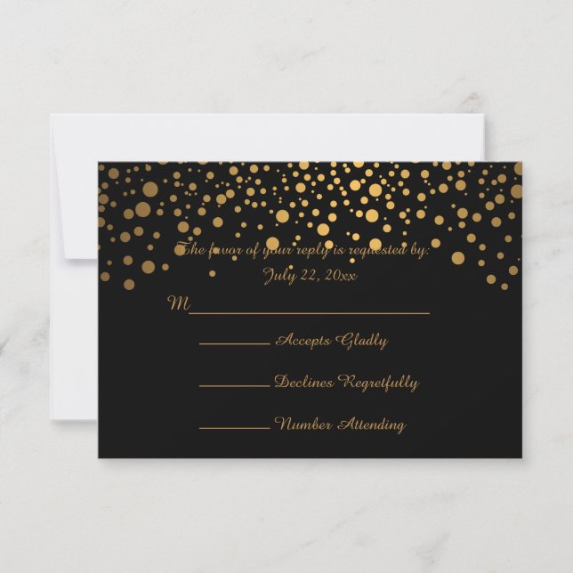 Stylish Gold Confetti Dots | Black RSVP Card (Front)