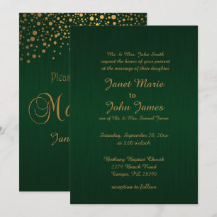 Stylish Gold Confetti Dots Dark Green Invitation
