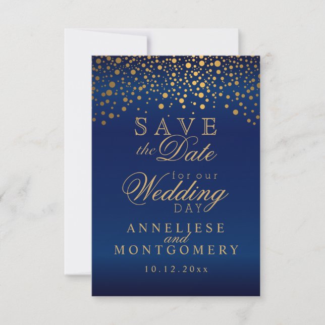 Stylish Gold Confetti Dots | Navy Blue Satin Save The Date (Front)