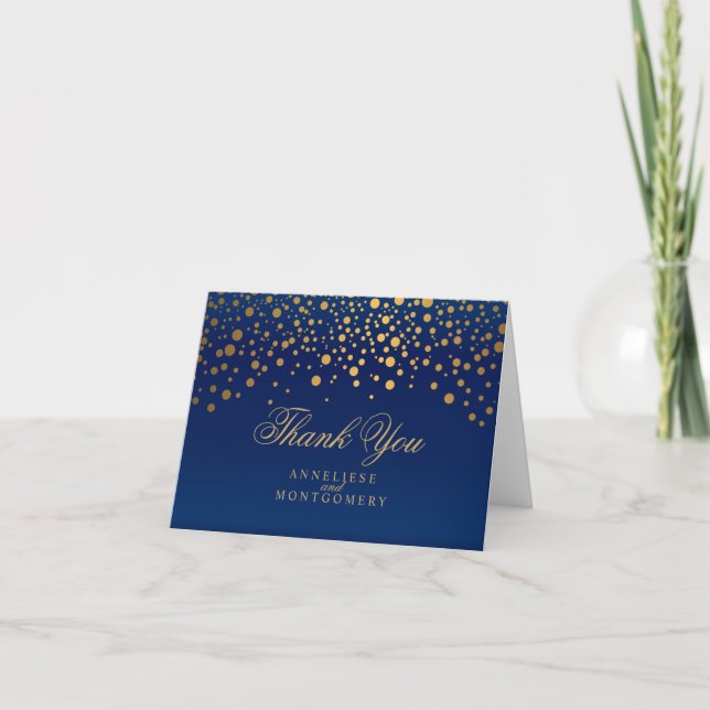 Stylish Gold Confetti Dots | Navy Blue Thank You Card (Front)