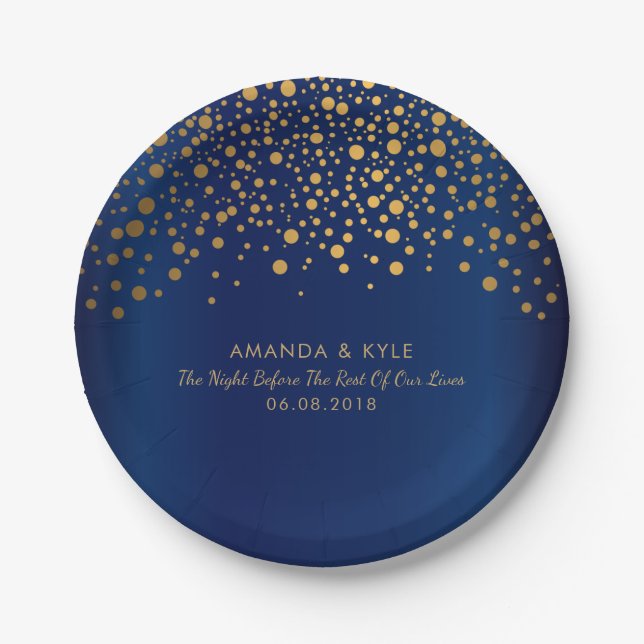 Stylish Gold Confetti Dots on Navy Blue Design Paper Plate (Front)