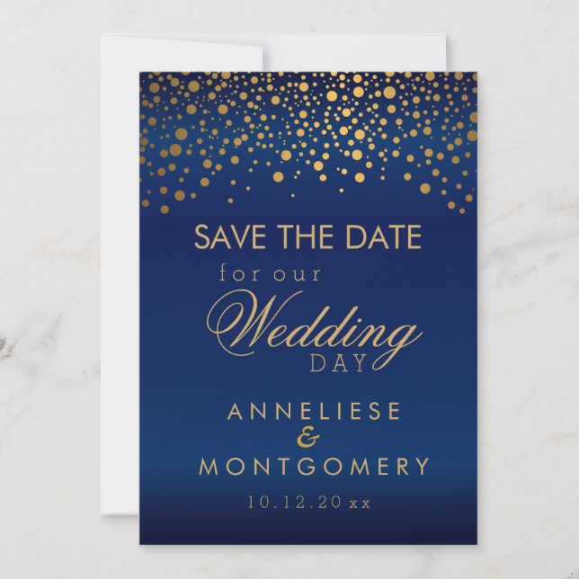 Stylish Gold Confetti Dots on Navy Blue Satin Save The Date (Front)