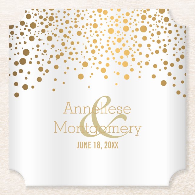 Stylish Gold Confetti Dots on White Satin Paper Coaster (Front)