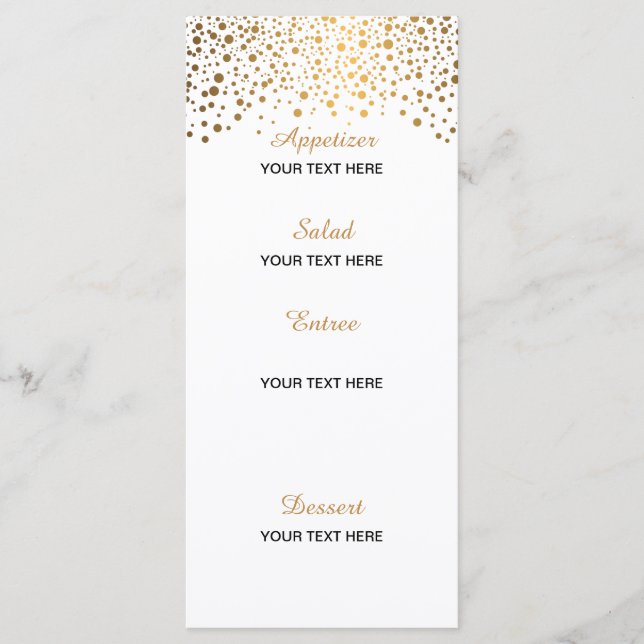 Stylish Gold Confetti Dots | White Background Menu (Front)