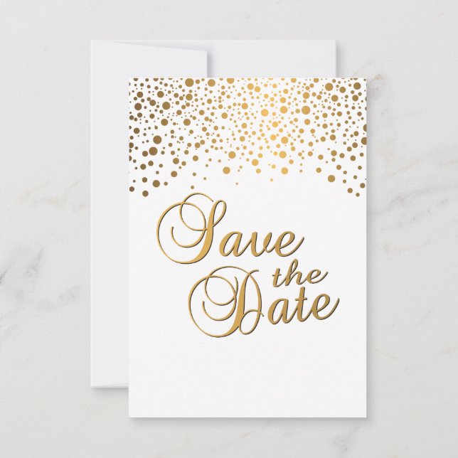 Stylish Gold Confetti Dots | White Background Save The Date (Back)