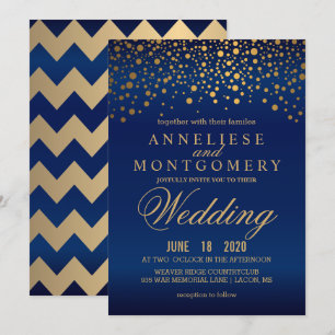 Stylish Gold Confetti Navy Blue Wedding Invitation