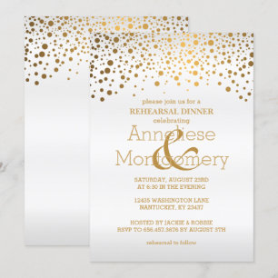 *Stylish Gold Confetti & White Rehearsal Dinner Invitation