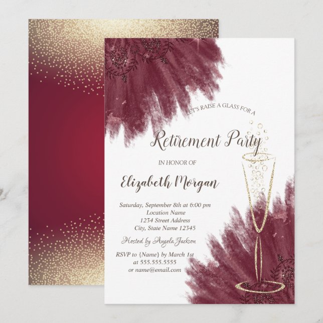 Stylish Gold Confetti Wine Glass Burgundy Invitation (Front/Back)