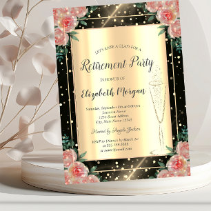 Stylish Gold Confetti Wine Glass Floral Retirement Invitation