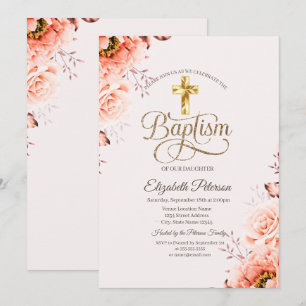 Stylish Gold Cross Roses Pink Baptism Invitation