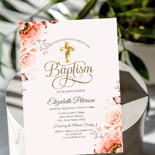 Stylish Gold Cross Roses Pink Baptism Invitation
